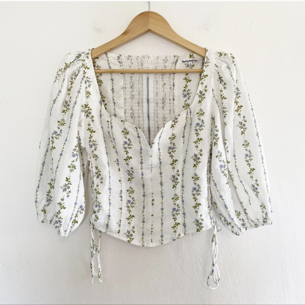 Reformation Puff Sleeve Corset Style Floral Linen Top Size 4 EUC